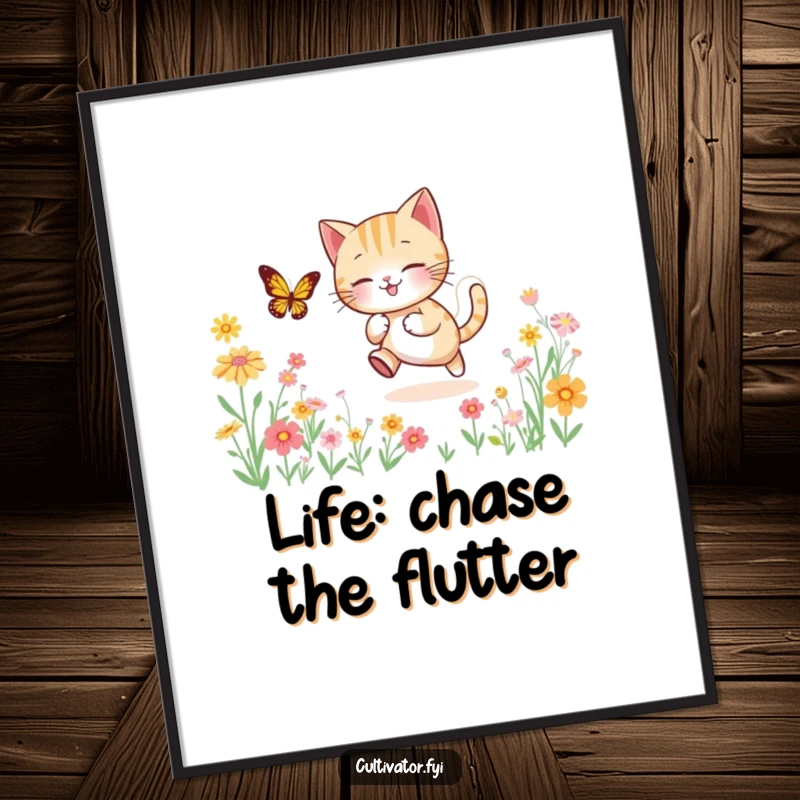 Funny Free Printable Wall Art: Lively cat joyfully chases a butterfly through a colorful field of flowers, capturing playful movement.