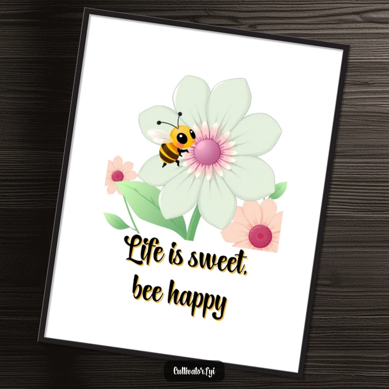 Funny Free Printable Wall Art: A happy bee actively buzzing around a huge, colorful flower, creating cheerful decor.