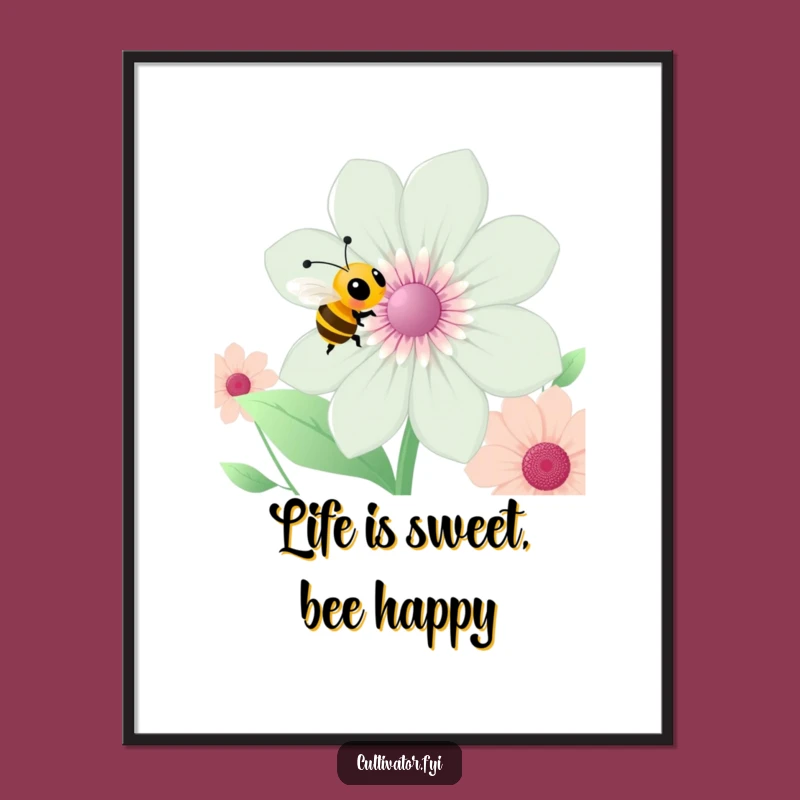 Free Printable Wall Art: Happy Bee Around Flower, Funny Nature Downloadable Decor