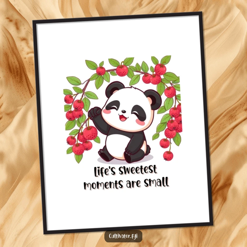 Funny Free Printable Wall Art showing a delighted panda carefully picking a single ripe berry from a lush bush, adding natural charm.