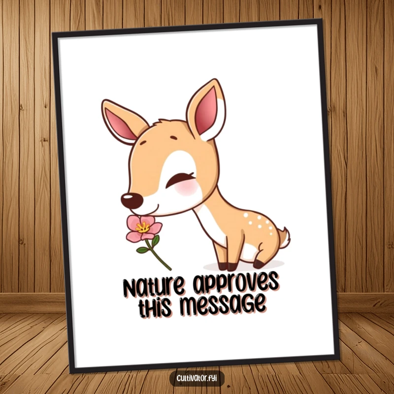 Funny Free Printable Wall Art: A deer contentedly sniffing a beautiful flower, bringing nature's humor to your decor.