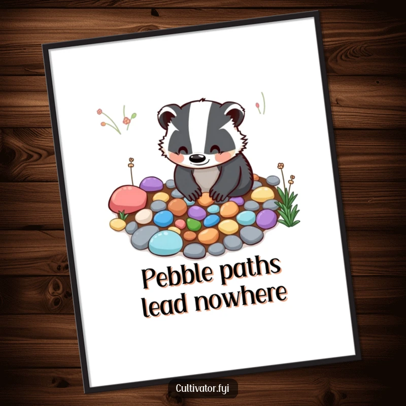 Funny Free Printable Wall Art: A smiling badger meticulously arranging colorful pebbles on a garden path, adding serene decor.