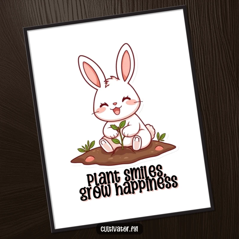 Funny Free Printable Wall Art of a cheerful rabbit planting a tiny seed with a big smile, evoking joy and growth.