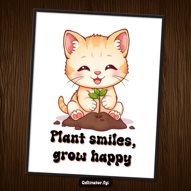 Cute Free Printable Wall Art: A smiling kitten planting a tiny seed with care, symbolizing growth and new beginnings.