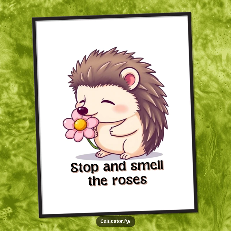 Funny Free Printable Wall Art: Content hedgehog peacefully smelling a blooming flower with closed eyes, tranquil art.