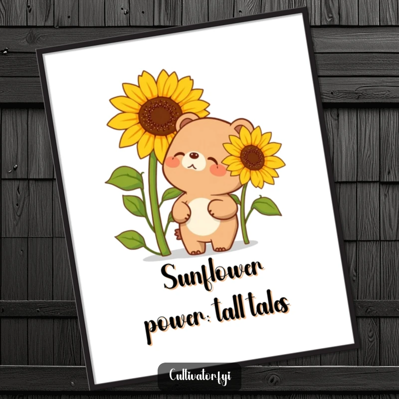 Funny Free Printable Wall Art: Giggling bear admires an enormous sunflower, bringing a touch of playful nature indoors.
