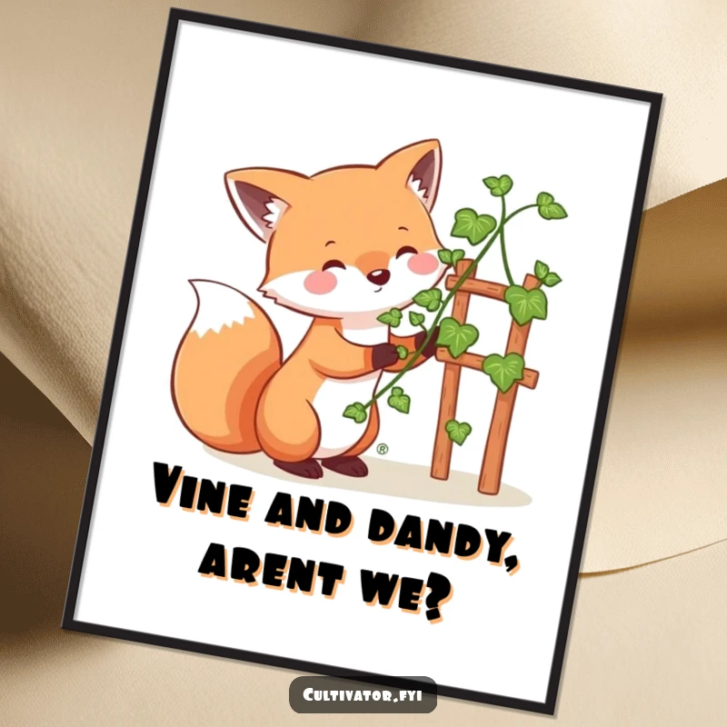 Whimsical Free Printable Wall Art: Happy fox guiding a vine up a small trellis, playful garden downloadable art.