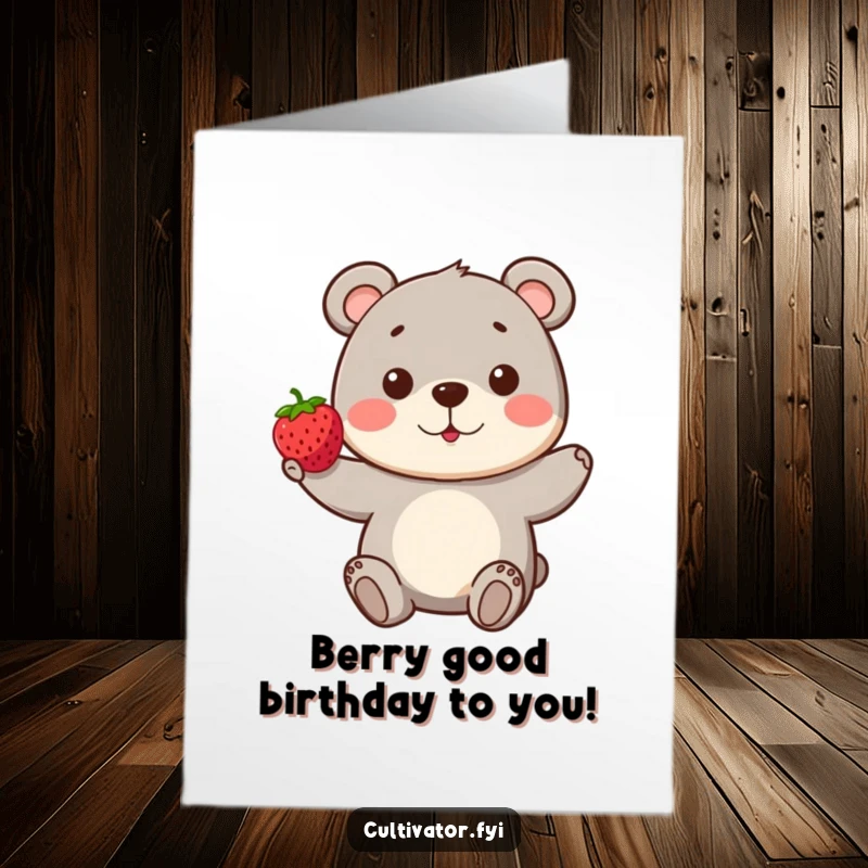 Funny Free Printable Birthday Card of a proud bear presenting a single red berry, perfect for a whimsical DIY gift.