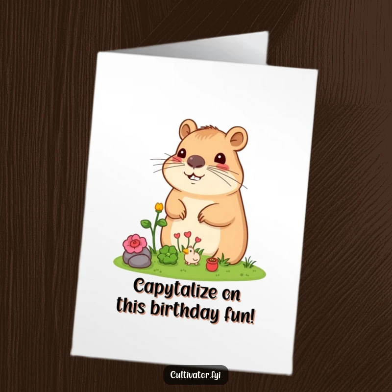Funny Free Printable Capybara Birthday Card: A chill capybara admires its tiny garden, ready to send birthday wishes.
