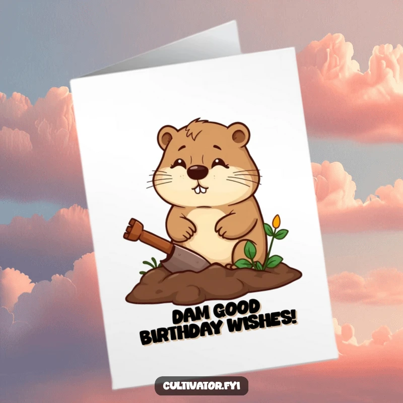 Funny Free Printable Birthday Card: Diligent beaver digging garden bed, determined expression, perfect DIY gift.