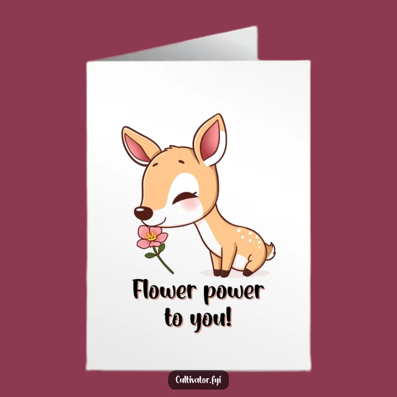 Free Printable Birthday Card: Contented Deer Smells Flower, Funny Downloadable Greeting