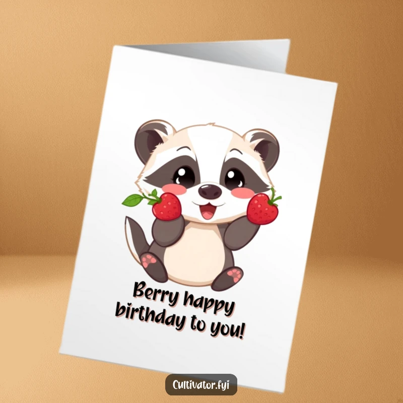 Funny Free Printable Birthday Card: Playful badger proudly showing a berry, a cheerful birthday message.