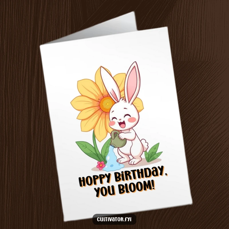 Funny Free Printable Birthday Card: Happy bunny enthusiastically watering a huge, vibrant flower. Cheerful, botanical DIY greeting.