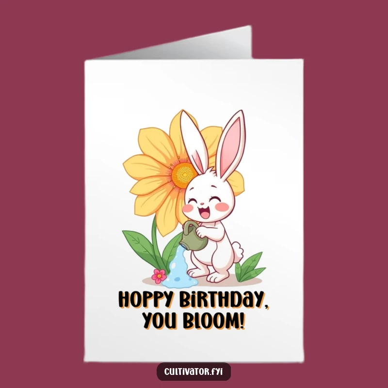 Free Printable Birthday Card: Bunny Watering Giant Flower - Downloadable Fun