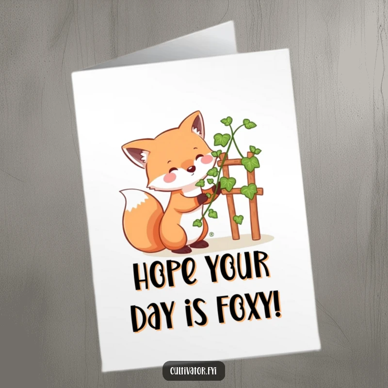 Fun Free Printable Birthday Card: Whimsical fox happily guiding a green vine up a small trellis, celebrating growth, downloadable art.
