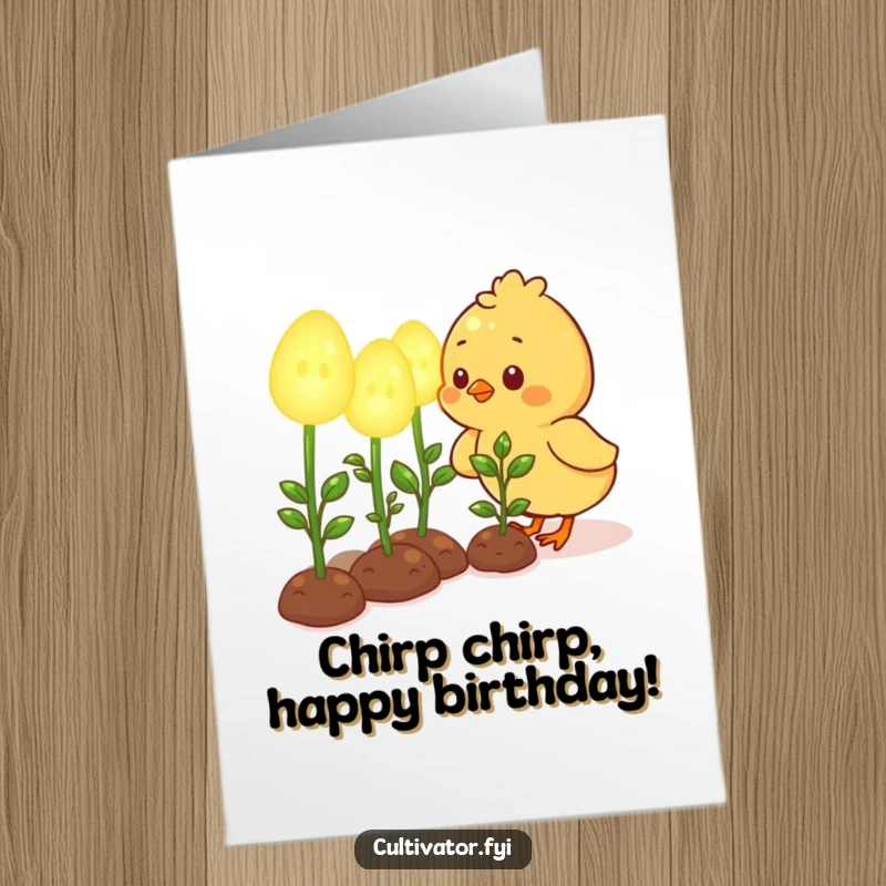 Funny Free Printable Birthday Card: Cute chick happily watering glowing seedlings, symbolizing growth. Whimsical, happy DIY greeting.