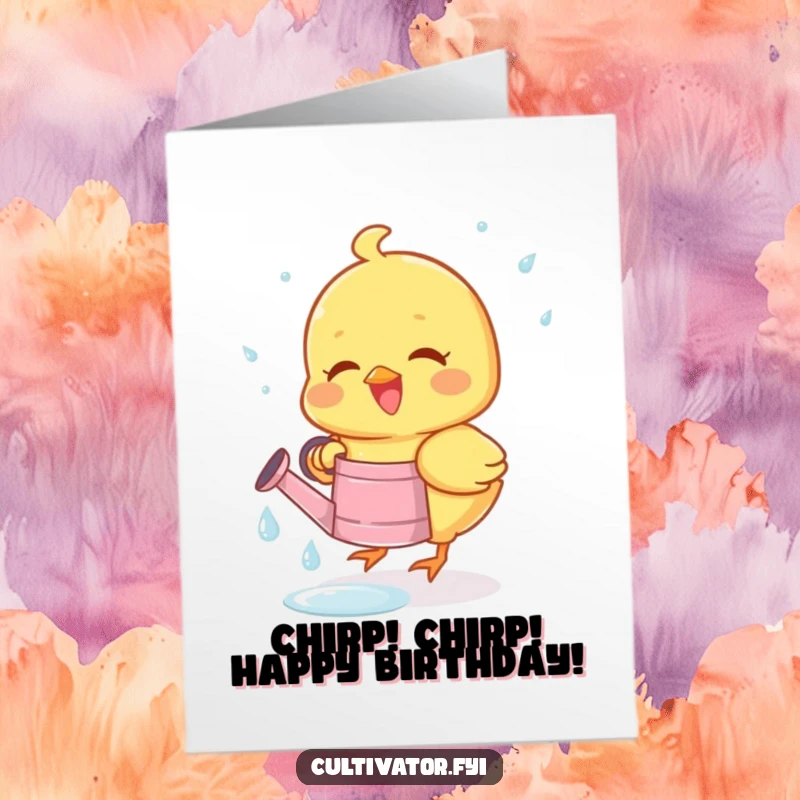 Funny Free Printable Birthday Card: Joyous chick collecting dewdrops in tiny watering can, celebrating with happiness.