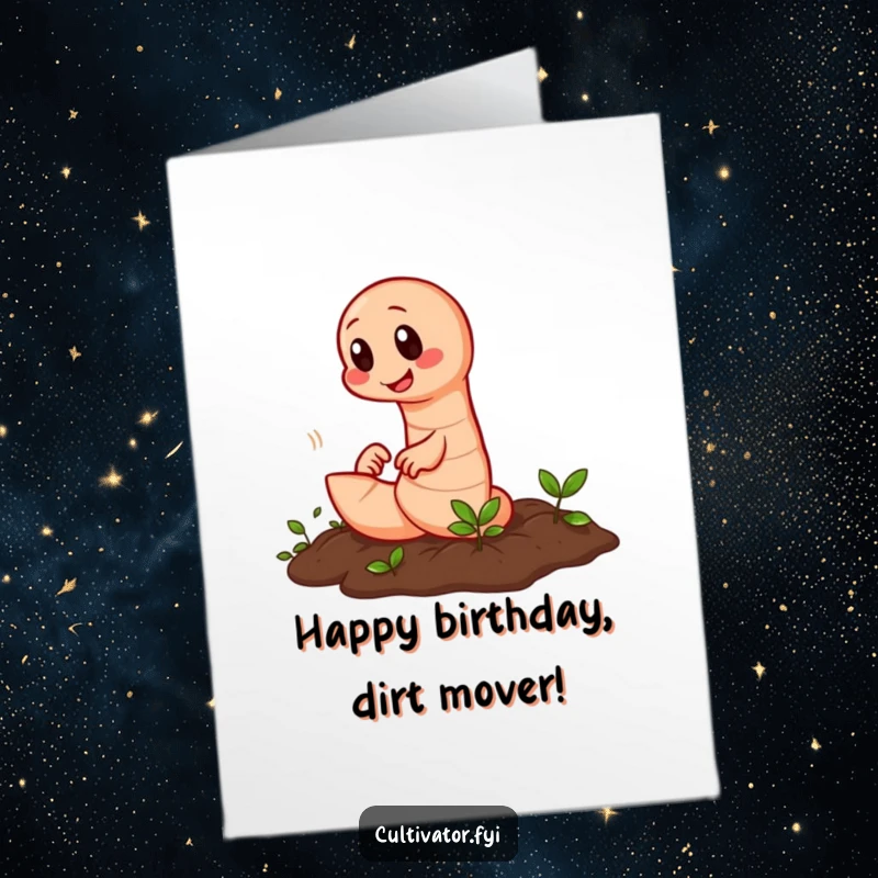 Funny Free Printable Birthday Card: Diligent earthworm tilling soil quickly, celebrating a birthday with speedy wishes.
