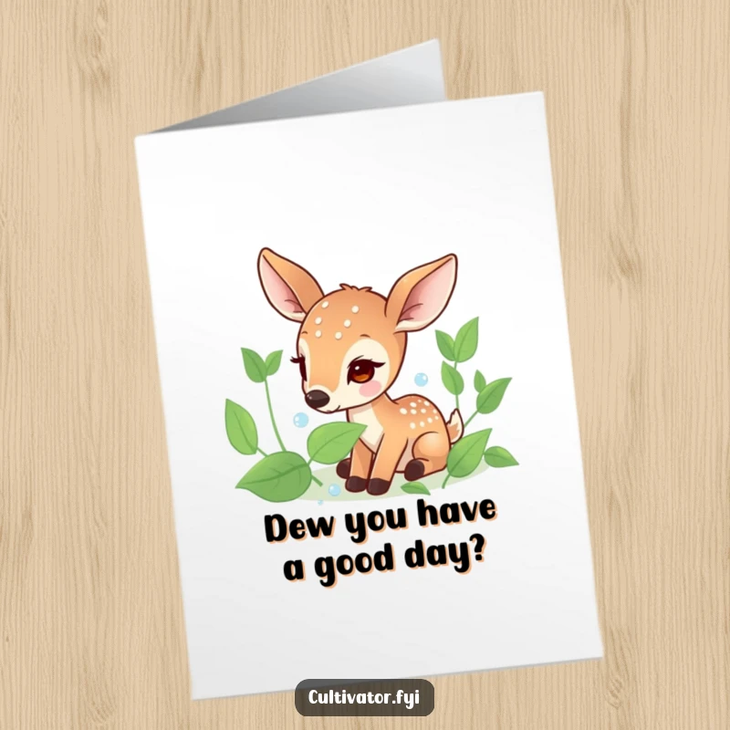 Funny Free Printable Birthday Card: Focused deer carefully collects dew drops, symbolizing a fresh and beautiful birthday start.
