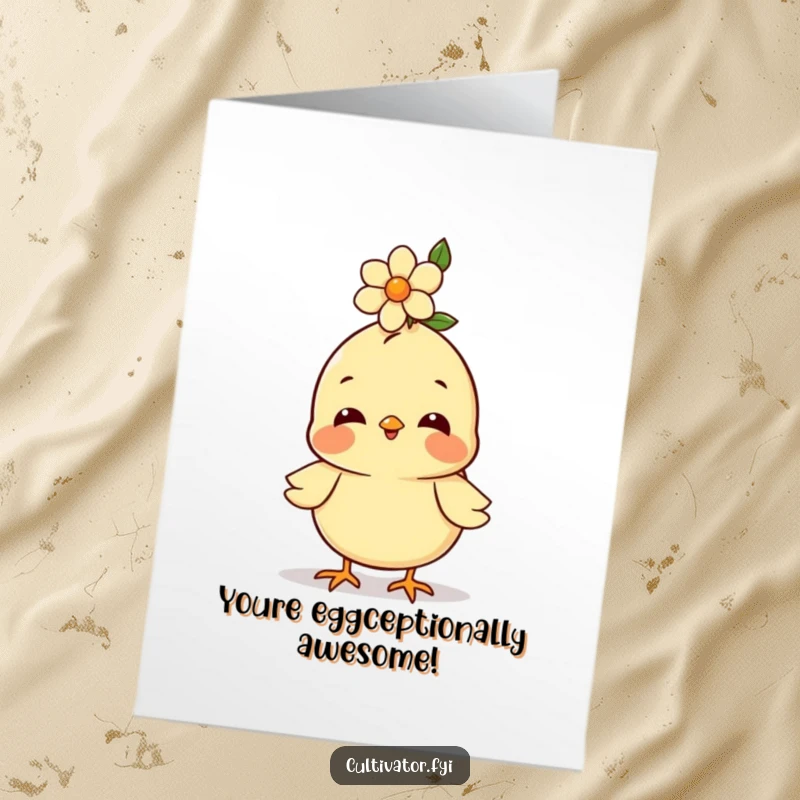 Funny Free Printable Birthday Card: A cheerful chick balancing a delicate flower on its head, spreading birthday cheer.
