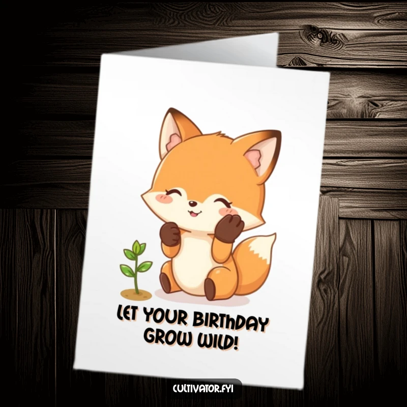 Funny Free Printable Birthday Card: Happy fox in gloves gently tending a tiny sprout, symbolizing growth and well wishes.