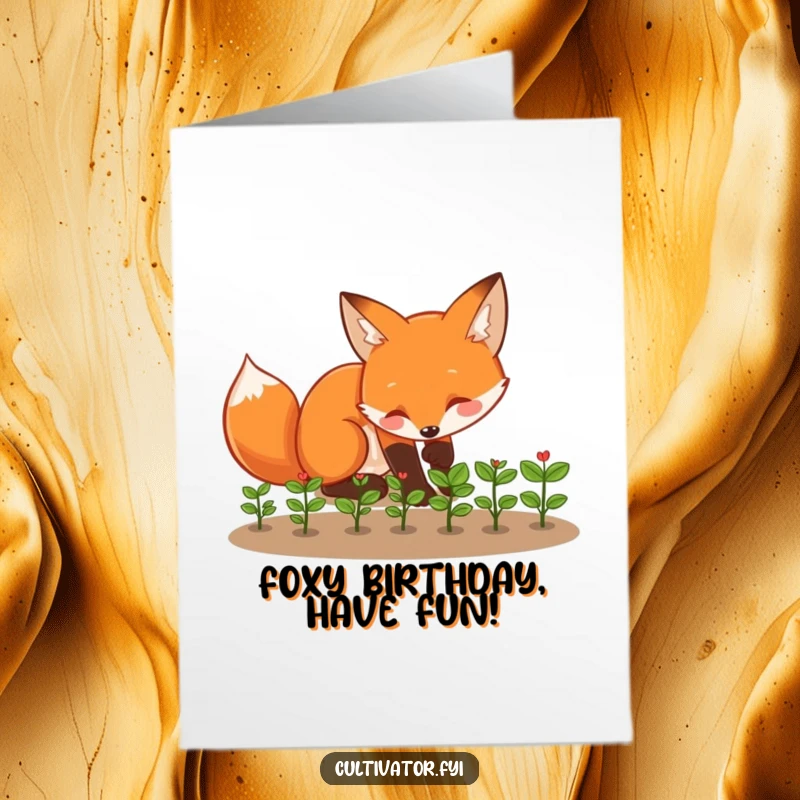 Funny Free Printable Birthday Card: Playful fox tending tiny seedlings, nurturing growth, happy occasion.