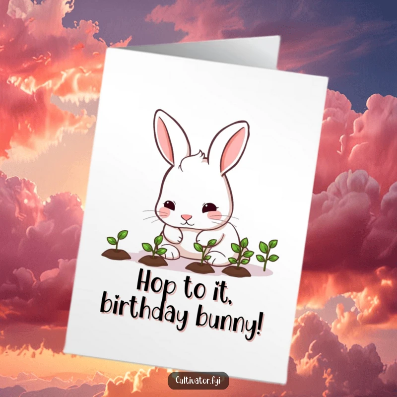 Cute Free Printable Birthday Card: A rabbit gently caring for a row of seedlings, symbolizing growth and happiness.