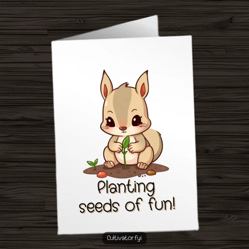 Funny free printable birthday card showing a determined squirrel carefully planting a tiny seed with its paws, symbolizing plans.