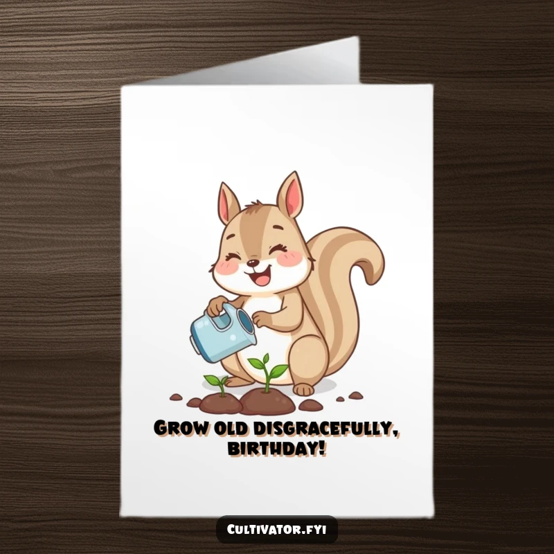 Funny Free Printable Birthday Card: Cute squirrel joyfully planting a tiny seed with a watering can, great for DIY