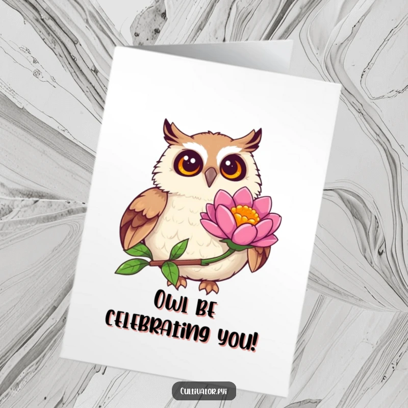 Joyful Free Printable Birthday Card: Wide-eyed owl observing a vibrant flower bloom, celebrating beauty, downloadable art.