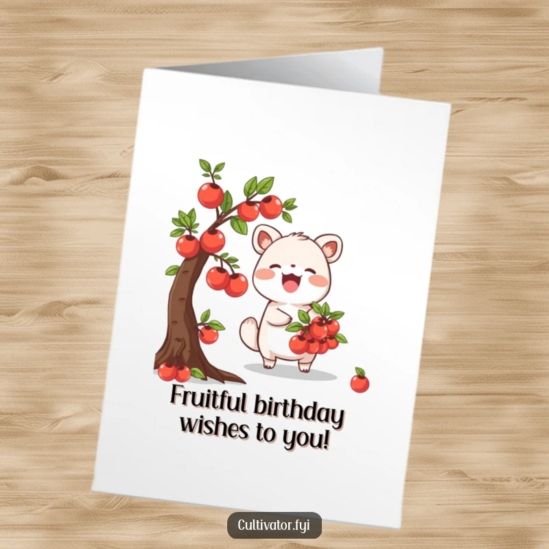 Funny free printable birthday card of a joyful animal character happily harvesting ripe fruits from a tiny tree.