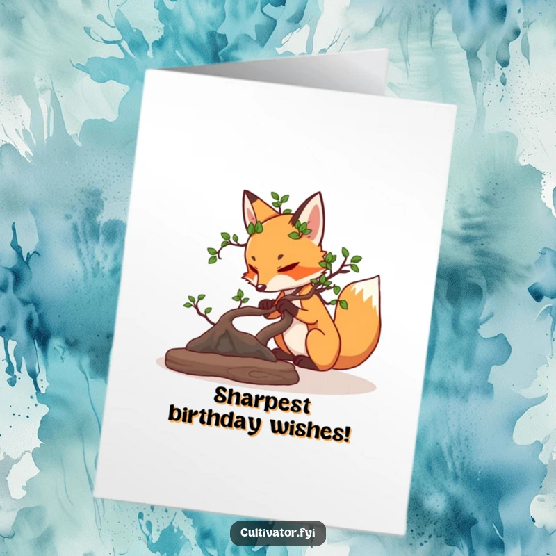 Funny Free Printable Birthday Card featuring a determined fox carefully pruning a miniature bonsai tree with intense concentration and humor.