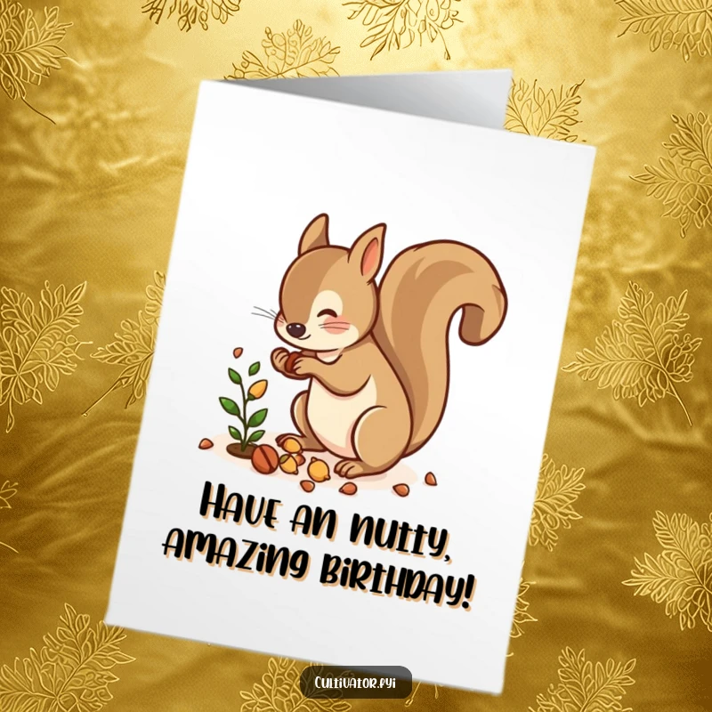 Funny Free Printable Squirrel Birthday Card: A busy squirrel enthusiastically scattering acorns near a small, growing plant.