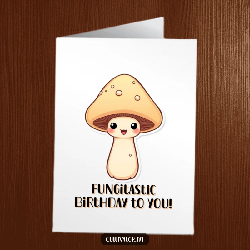 Funny Free Printable Mushroom Birthday Card featuring a smug mushroom showing off its grand cap, ready to party.