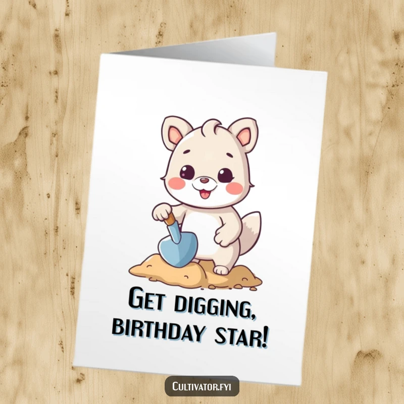 Funny Free Printable Birthday Card showing a happy animal character joyfully gardening with a small trowel, shaping the earth.