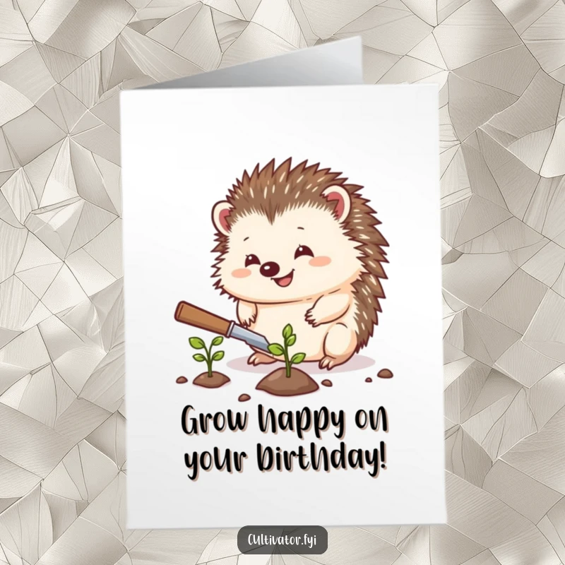Funny Free Printable Birthday Card: A delighted hedgehog carefully planting a seed with a small trowel, humorous birthday wishes.