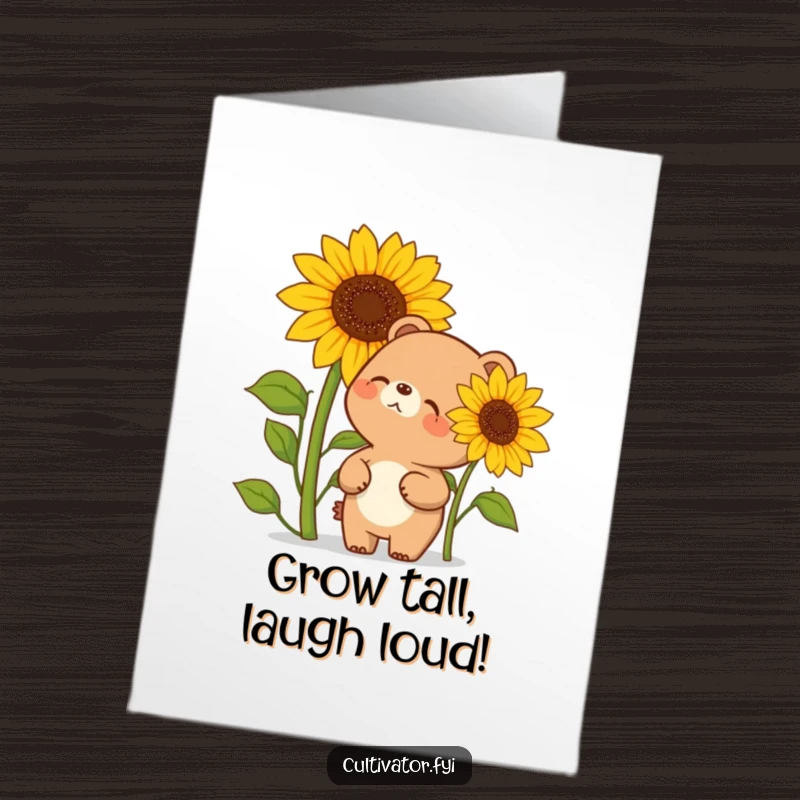 Funny Free Printable Birthday Card: Giggling bear marvels at a towering sunflower, radiating pure joy and birthday cheer.