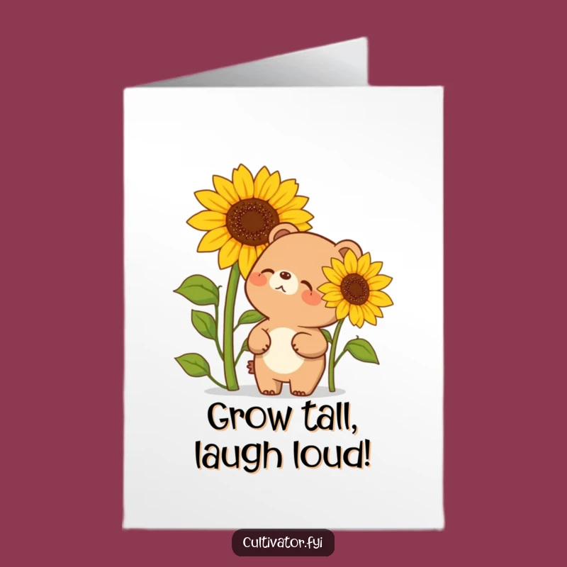 Free Printable Birthday Card: Giggling Bear & Giant Sunflower Fun Downloadable Gift