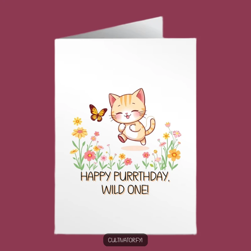Free Printable Birthday Card: Playful Cat Butterfly Chase Fun Downloadable Gift
