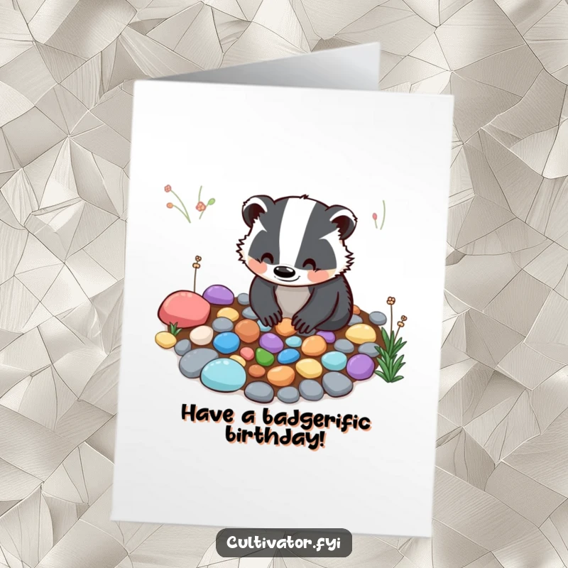 Funny Free Printable Birthday Card: A smiling badger meticulously arranging colorful pebbles on a garden path, wishing happy birthday.