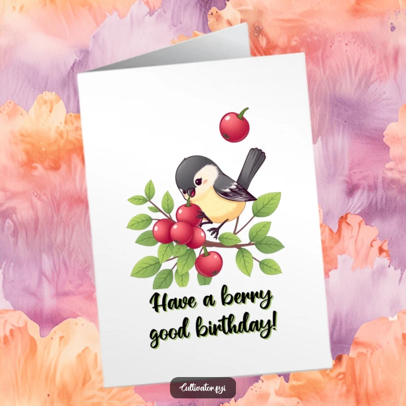 Funny Free Printable Birthday Card: A cheerful chickadee pecking at a juicy berry on a bush, spreading birthday cheer.