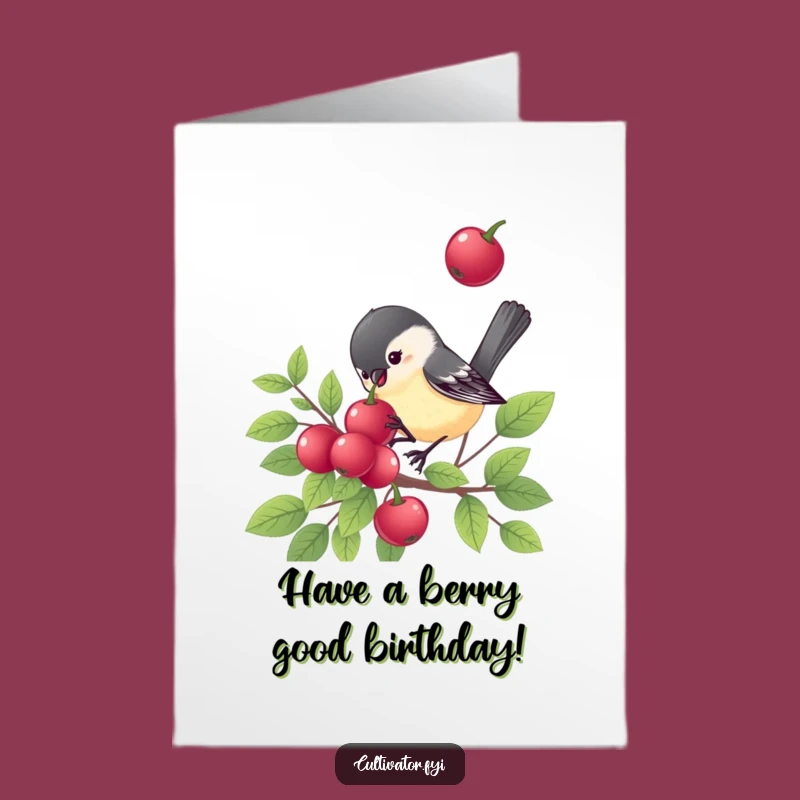 Free Printable Birthday Card: Cheerful Chickadee Eats Berry, Funny Downloadable Greeting