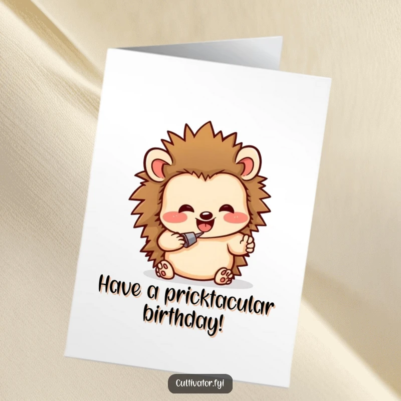 Funny free printable birthday card showing an excited hedgehog enthusiastically digging in dark soil, a playful DIY.