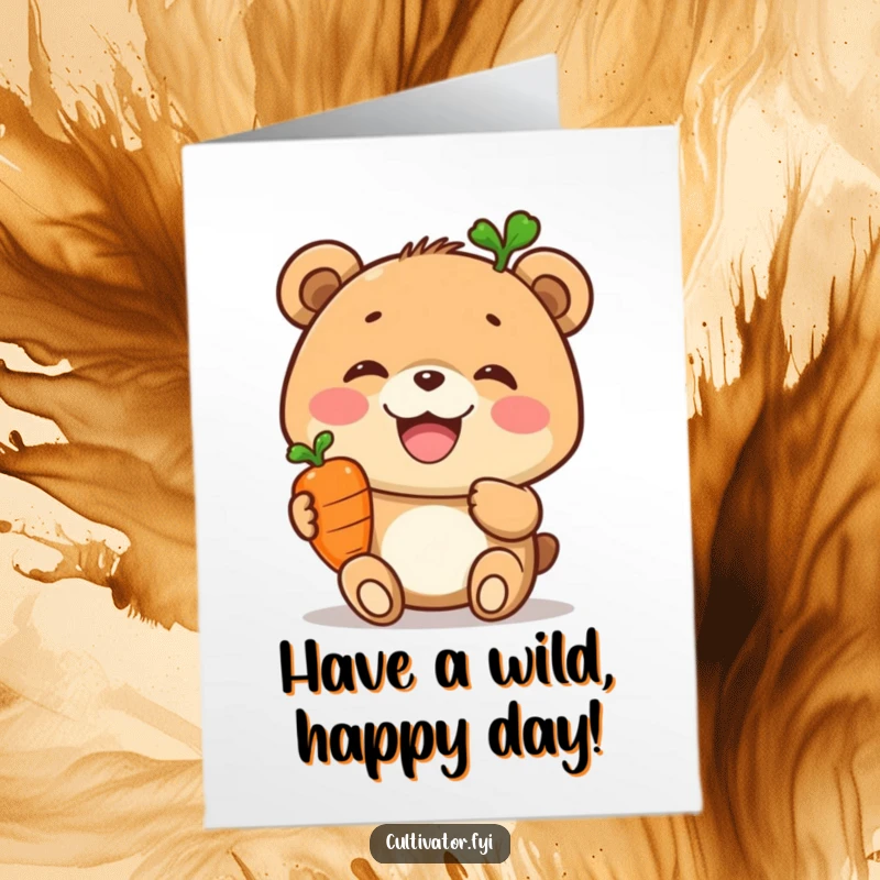 Funny Free Printable Birthday Card: A joyful bear beaming with pride as it holds up a tiny, perfect carrot.