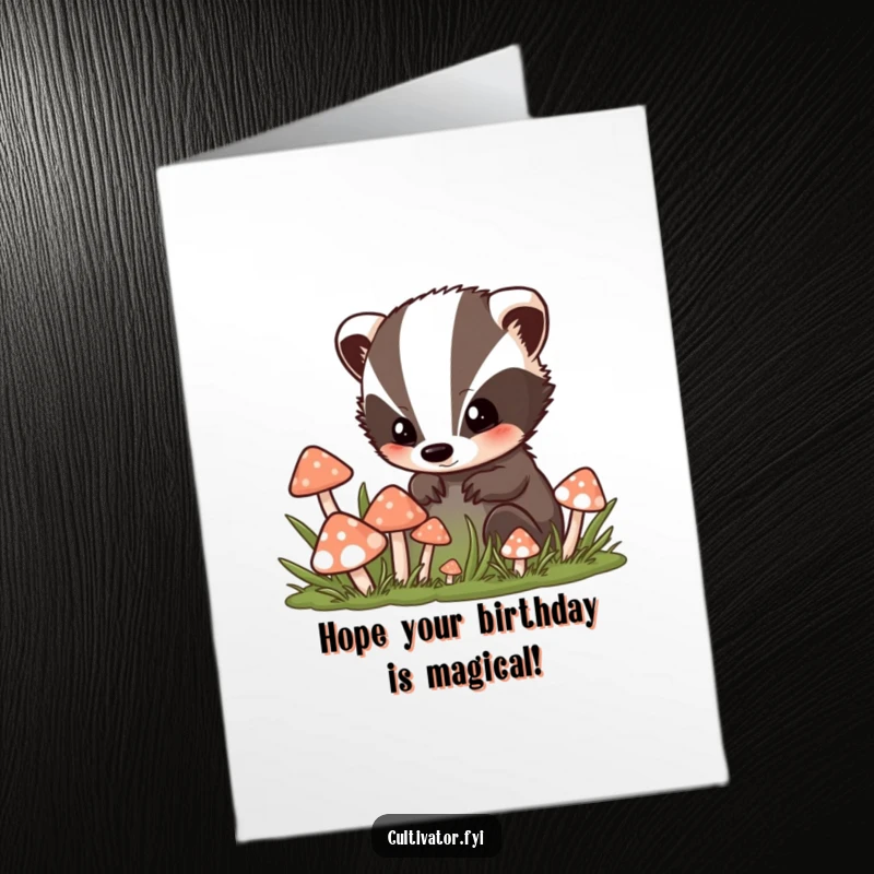 Funny Free Printable Birthday Card: Curious badger peeks into a mushroom patch, hinting at delightful birthday discoveries.