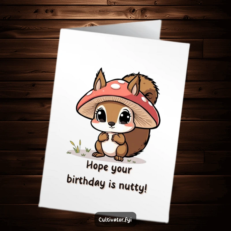 Funny Free Printable Birthday Card: Curious squirrel wide-eyed examining a large mushroom cap, a birthday adventure.
