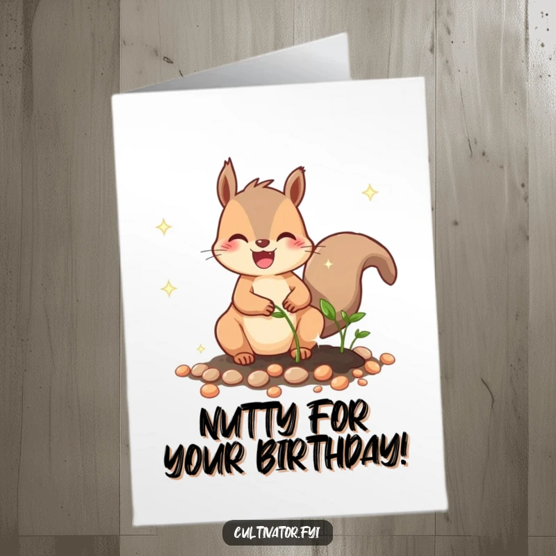 Funny free printable birthday card featuring a joyful squirrel meticulously planting sparkling seeds, a unique DIY gift.