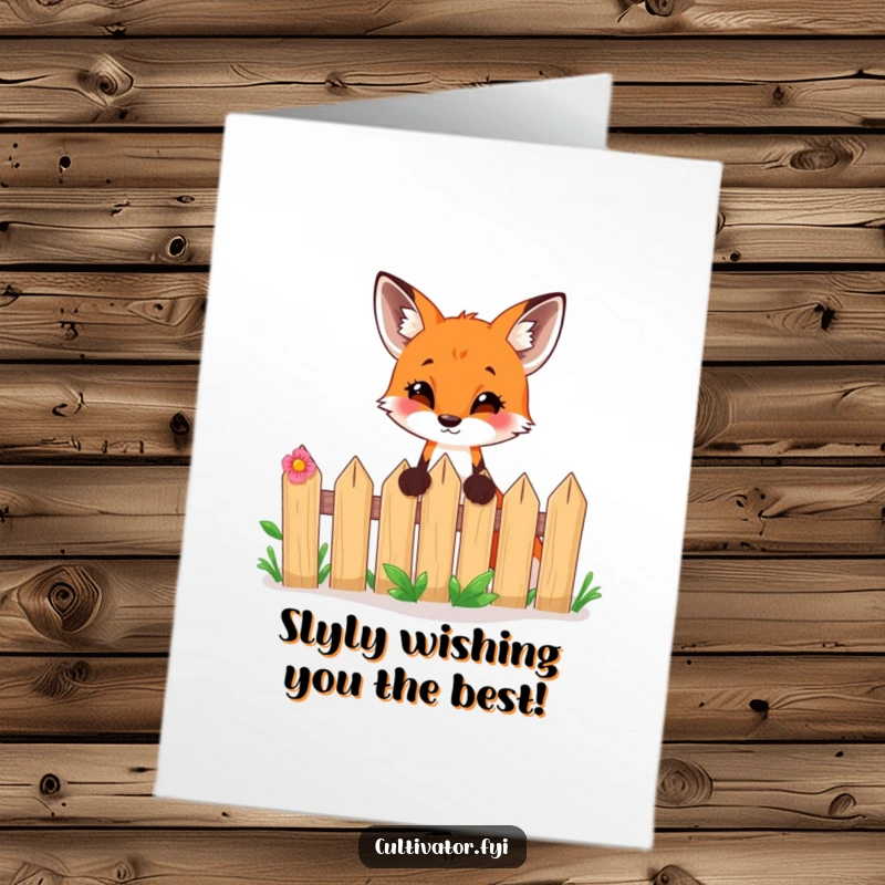 Funny Free Printable Birthday Card: Curious fox peeking excitedly over a tiny garden fence, a delightful and humorous DIY greeting.