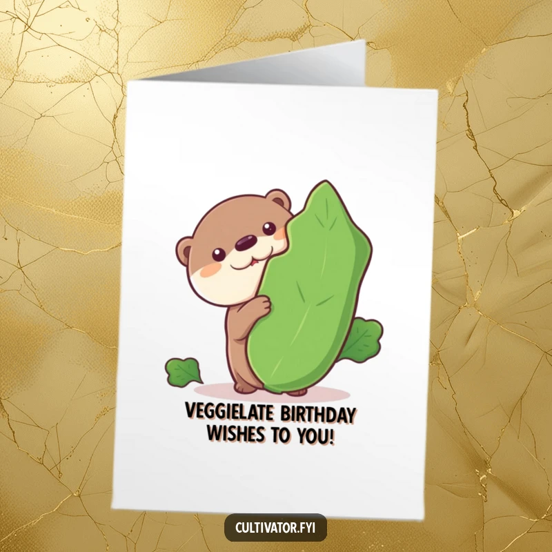 Funny Free Printable Birthday Card: Curious otter peeking from behind a giant leafy green, ready for a birthday surprise.