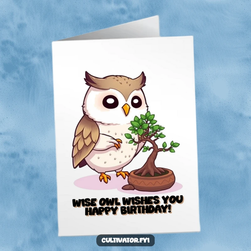 Funny Free Printable Owl Birthday Card: A lively owl meticulously prunes a bonsai tree, sending birthday cheer.